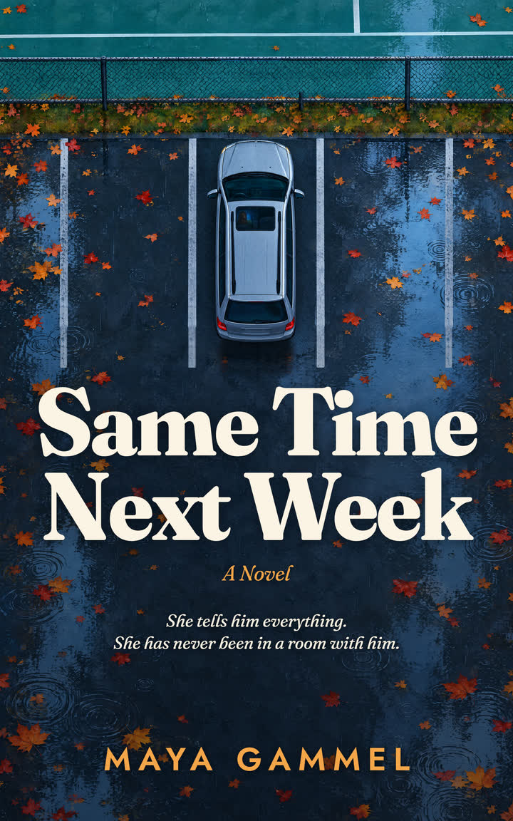The cover of Same Time Next Week by Maya Gammel: a gray car alone in a rainy parking lot, seen from above, with autumn leaves on the asphalt.