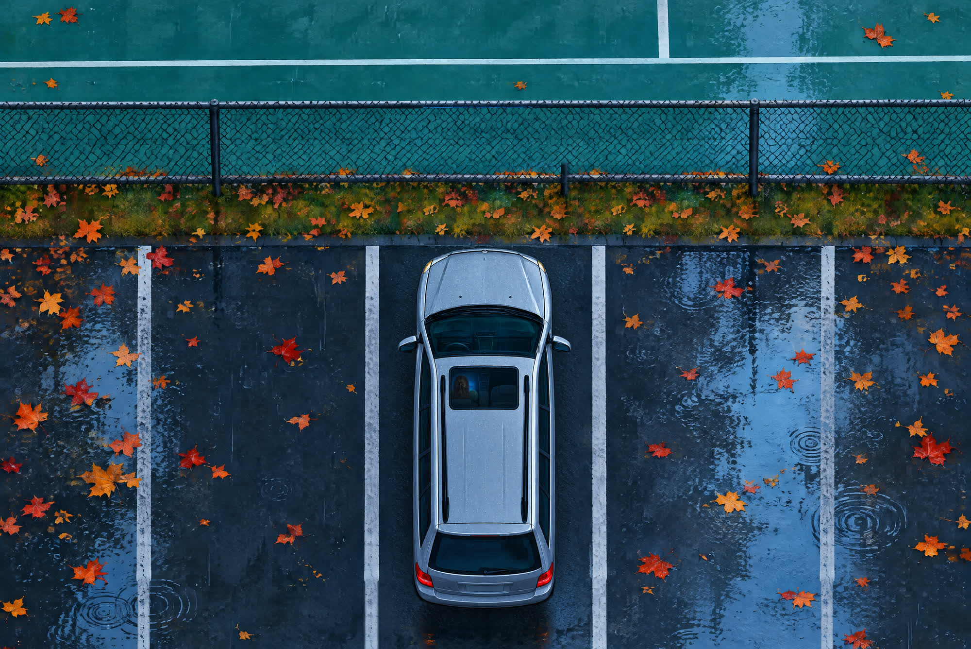 Seen from above, a school parking lot in the October rain. One gray car is parked by the tennis-court fence, the only car in the row.