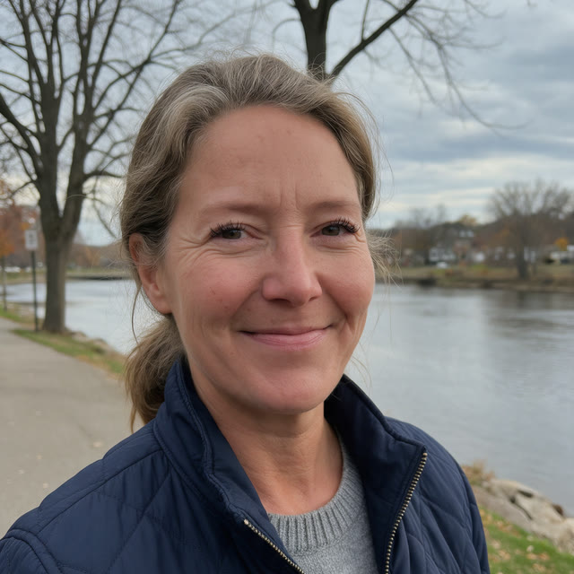 Maya Gammel on a riverside path in late autumn.